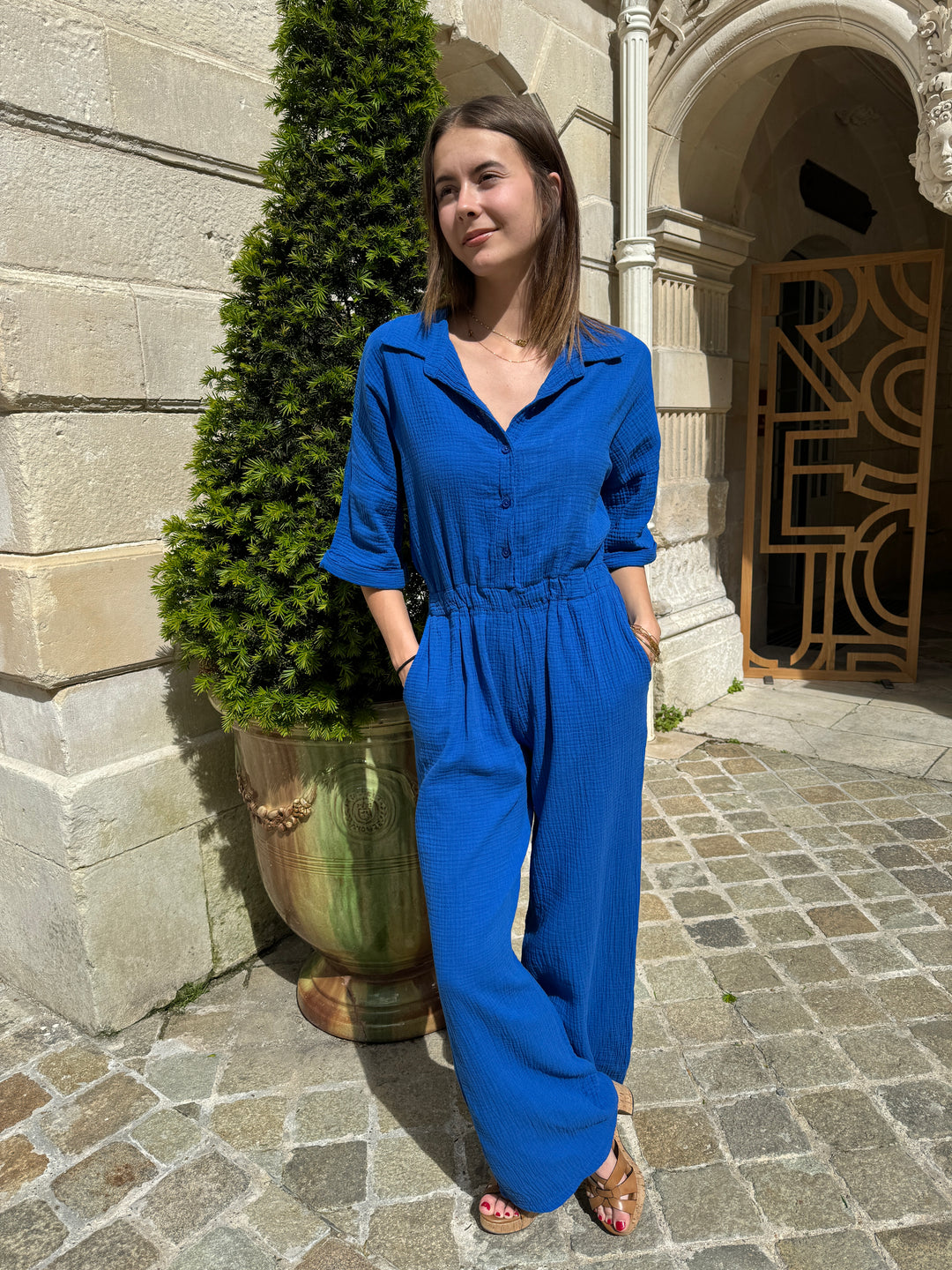 Combi-pantalon gaze de coton bleu roi DAYANA