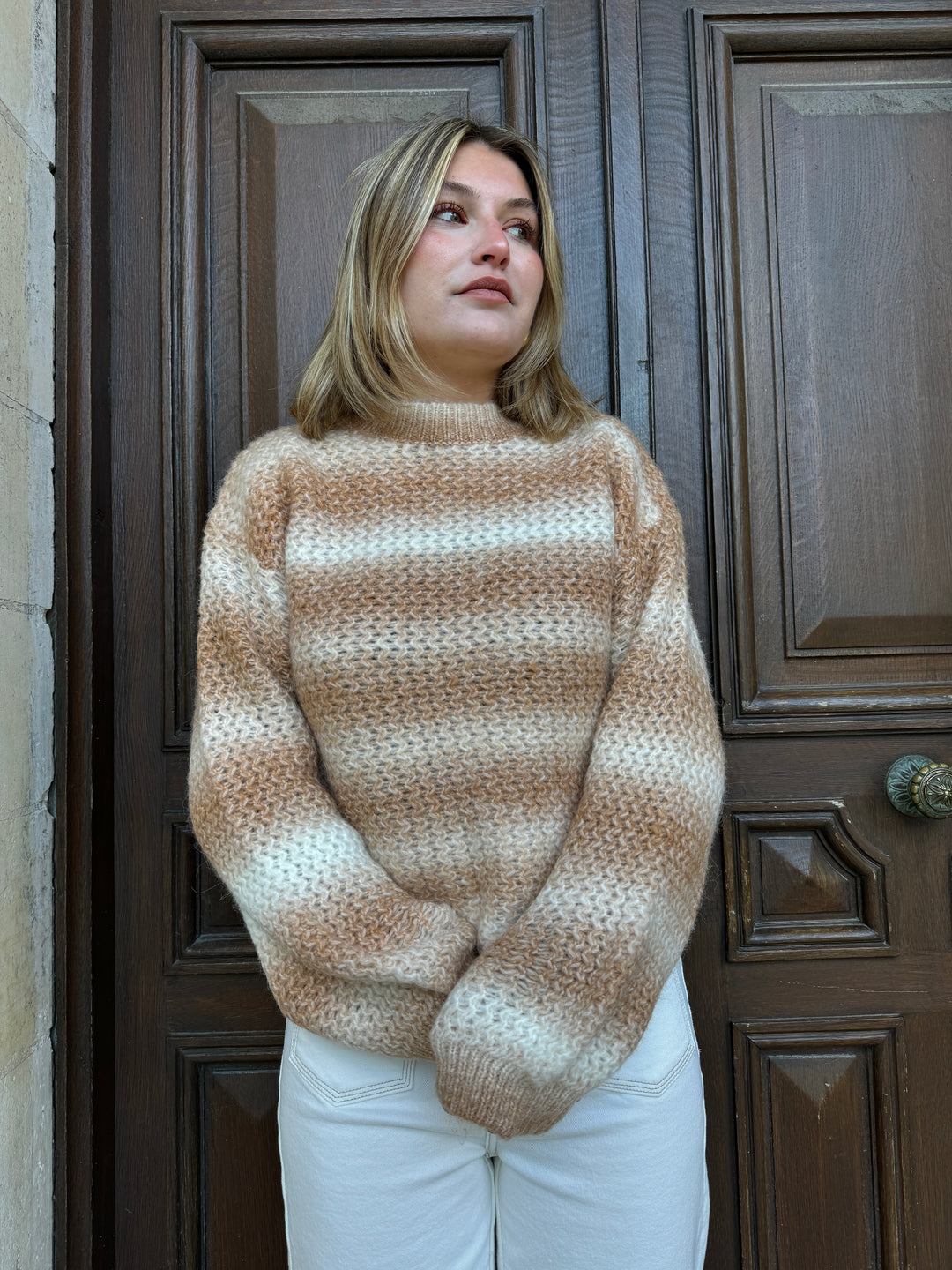 Pull camel et écru en maille JULIA