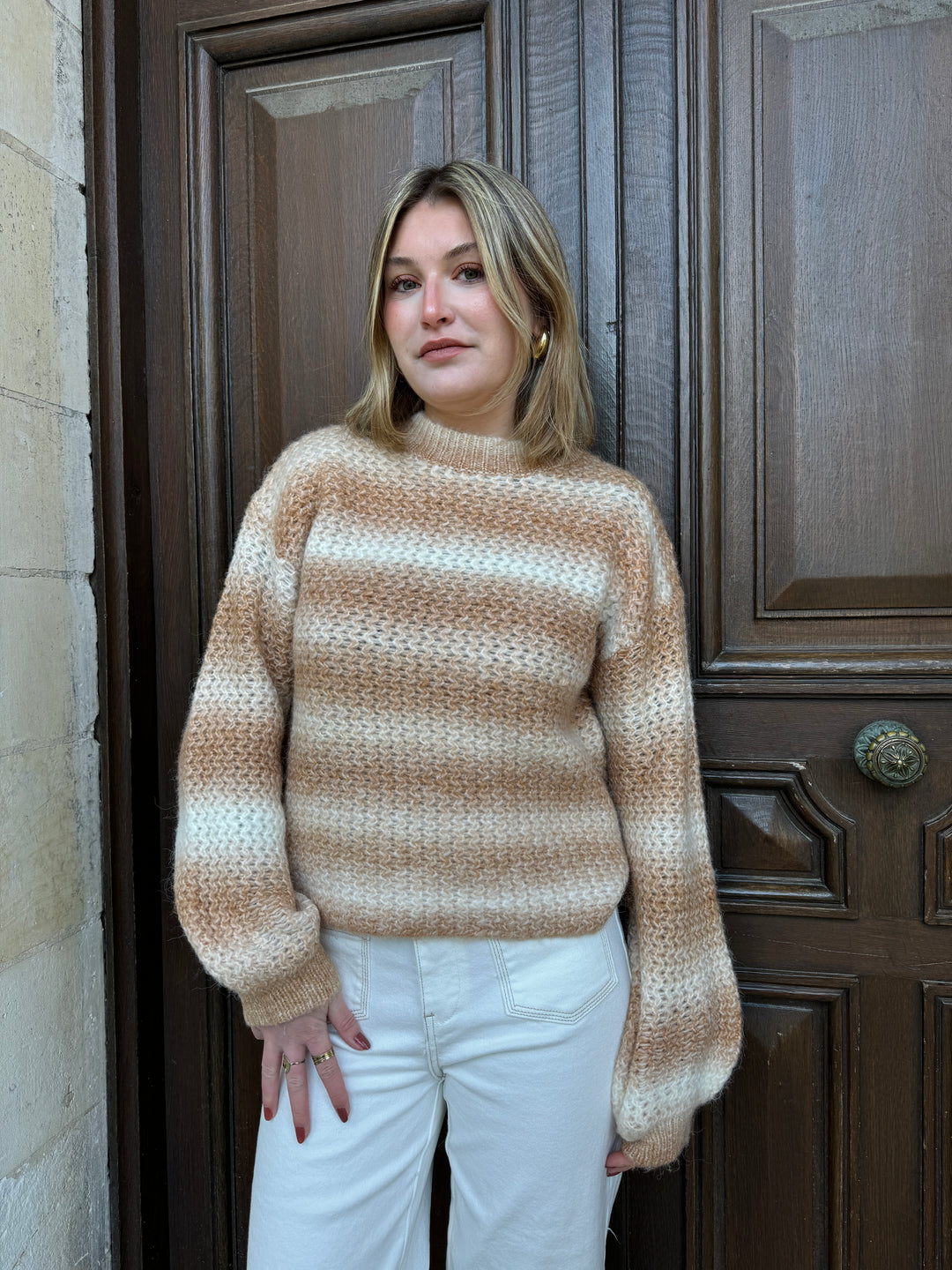 Kamel- und ecrufarbener Strickpullover JULIA