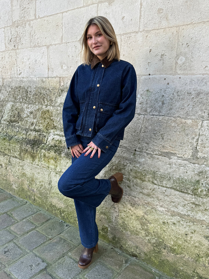 PATRICIA braune Raw Denim Jacke mit Samtkragen