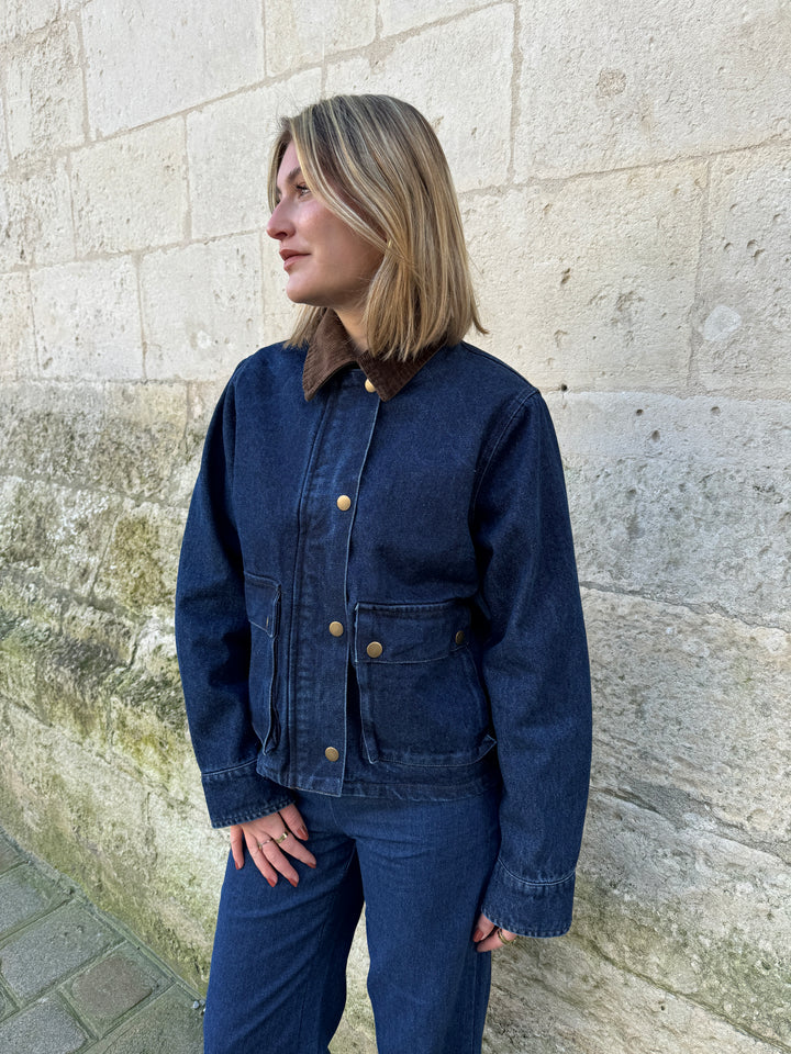 PATRICIA braune Raw Denim Jacke mit Samtkragen