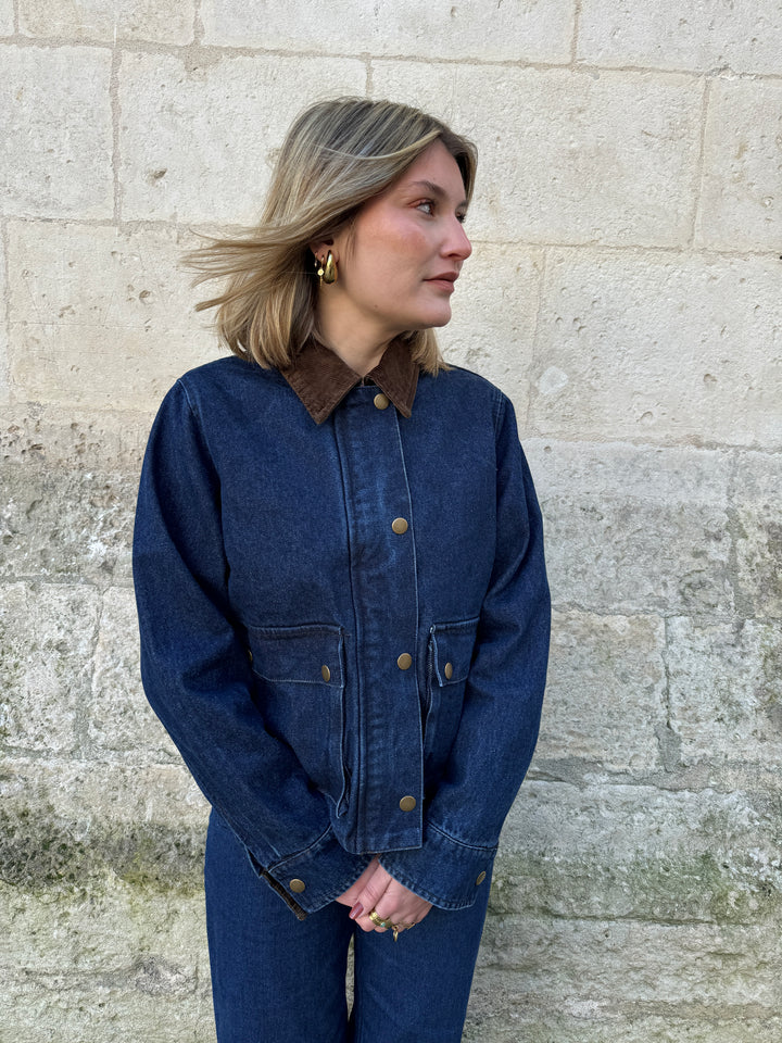 PATRICIA braune Raw Denim Jacke mit Samtkragen