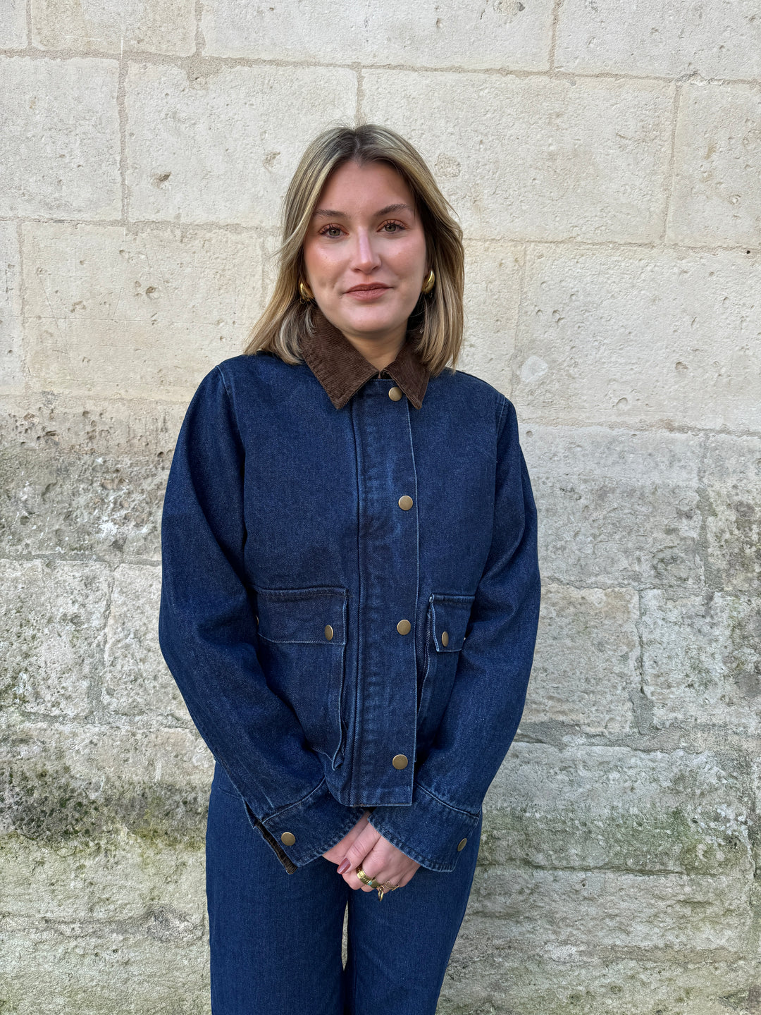 PATRICIA braune Raw Denim Jacke mit Samtkragen