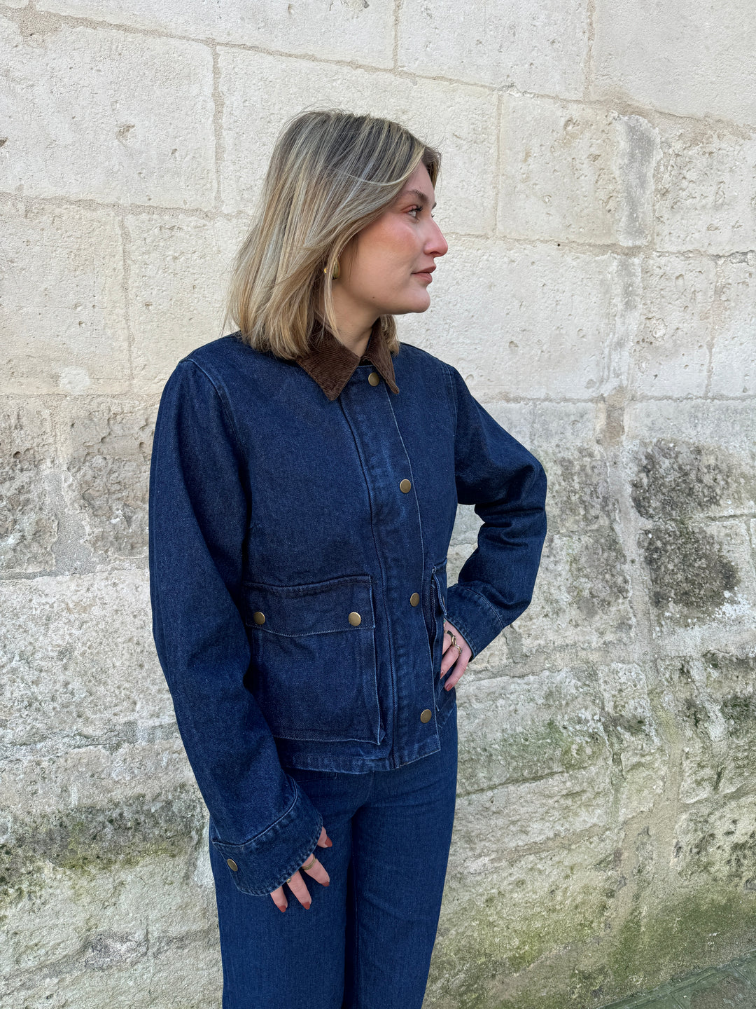 PATRICIA braune Raw Denim Jacke mit Samtkragen