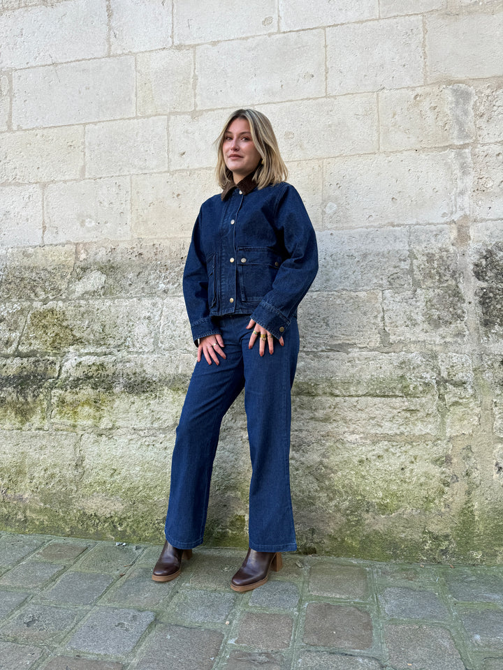 PATRICIA braune Raw Denim Jacke mit Samtkragen