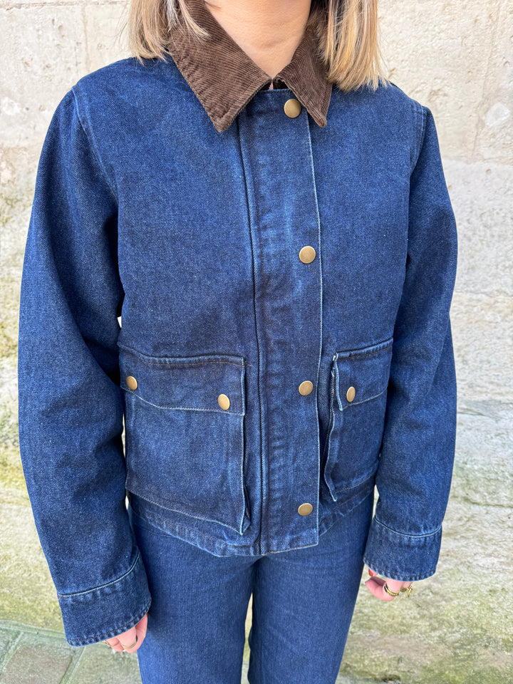 PATRICIA braune Raw Denim Jacke mit Samtkragen