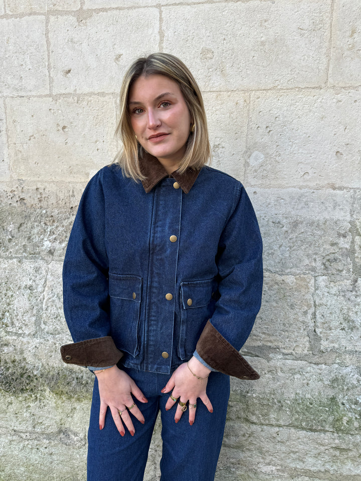 PATRICIA braune Raw Denim Jacke mit Samtkragen