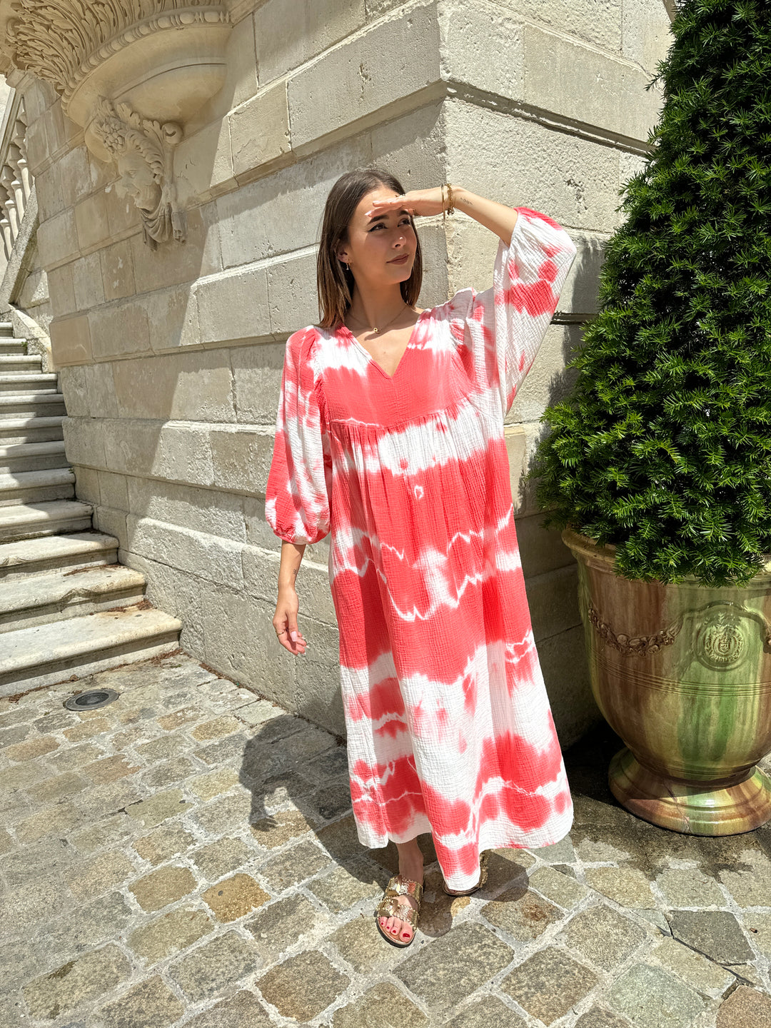 Robe gaze de coton tie and dye corail