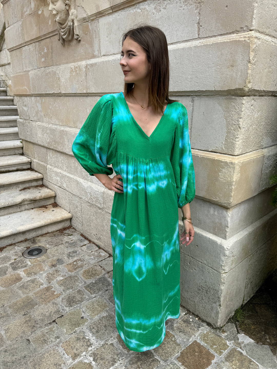 Robe gaze de coton tie and dye verte