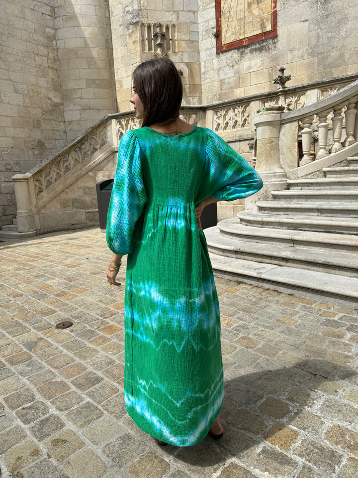 Robe gaze de coton tie and dye verte