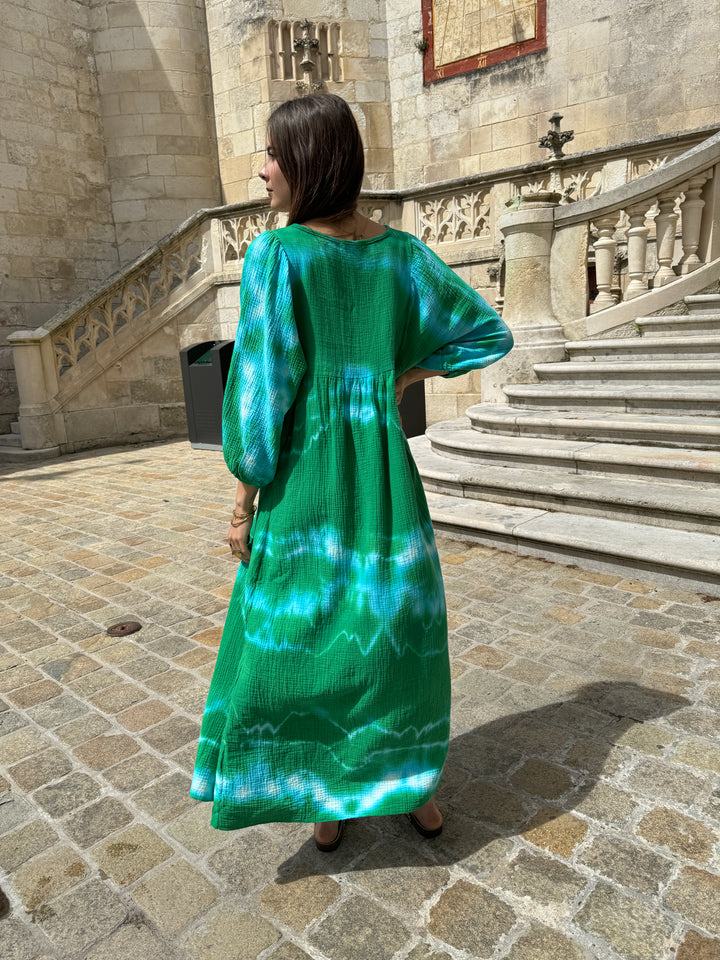 Robe gaze de coton tie and dye verte