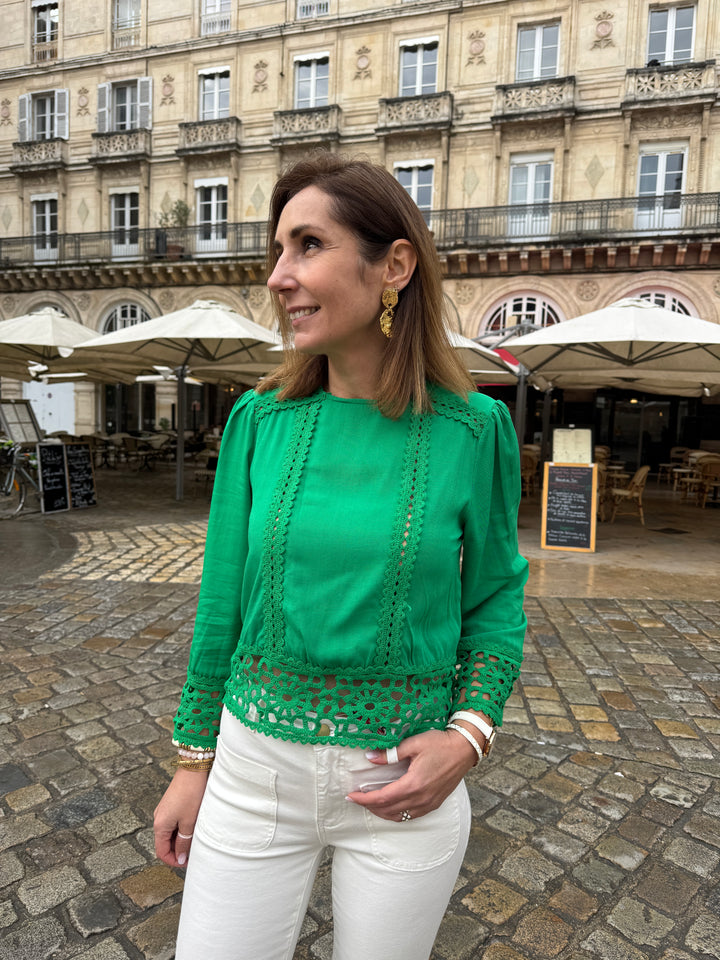 Blouse verte brodée ajourée TEVY La Petite Étoile