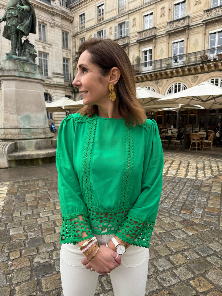 Blouse verte brodée ajourée TEVY La Petite Étoile