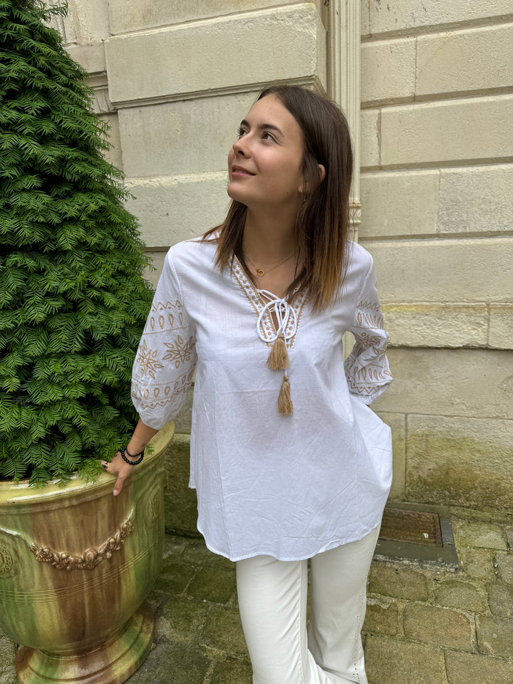 Blouse bohème blanche broderies camel JULIETTE