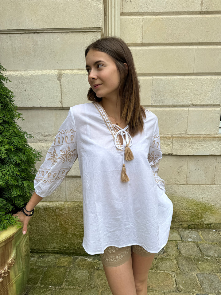 Blouse bohème blanche broderies camel JULIETTE