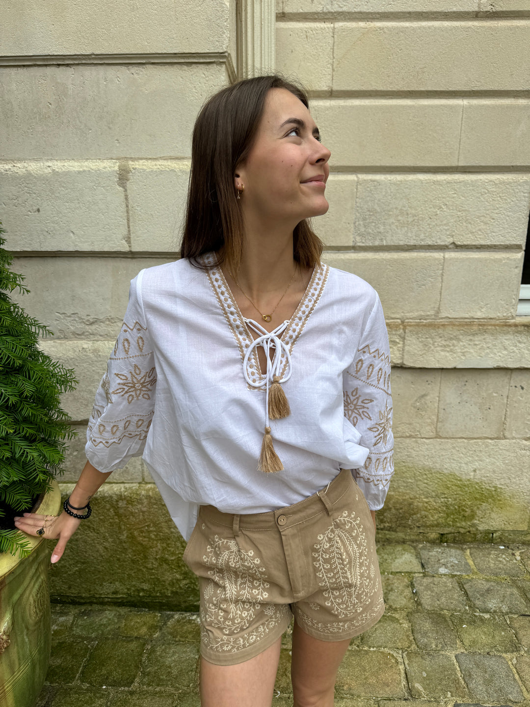 Blouse bohème blanche broderies camel JULIETTE