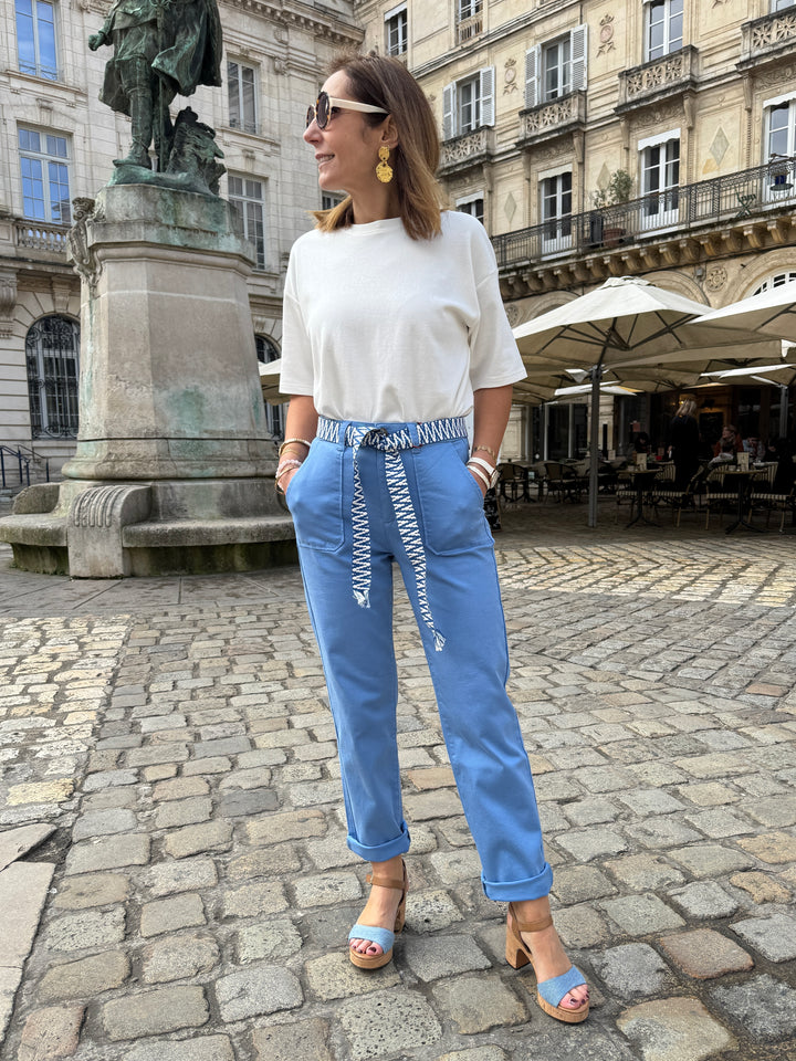 Pantalon droit bleu ceinture tressée MARISOL La Petite Étoile