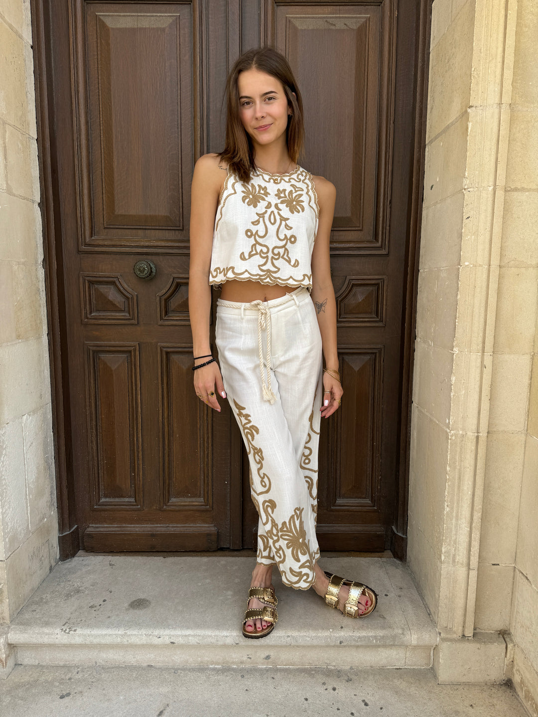 Top en lin blanc broderie palmier ALICIA