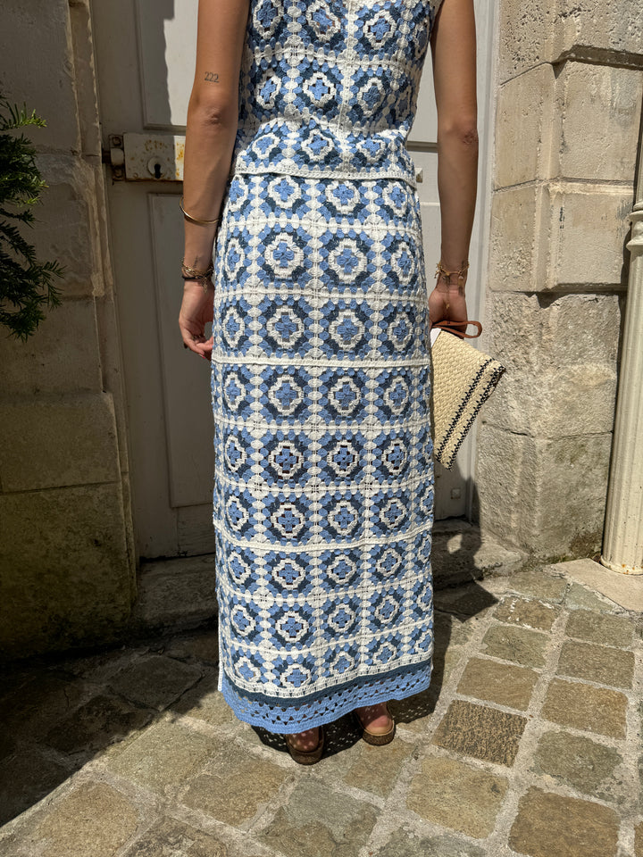 Jupe longue en crochet blanc et bleu ciel ELSA