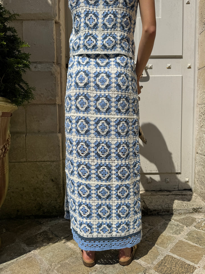 Jupe longue en crochet blanc et bleu ciel ELSA