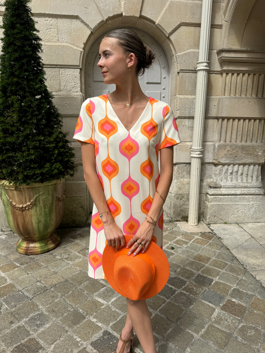 Robe SEVENTIES n°113 rose et orange Hippocampe