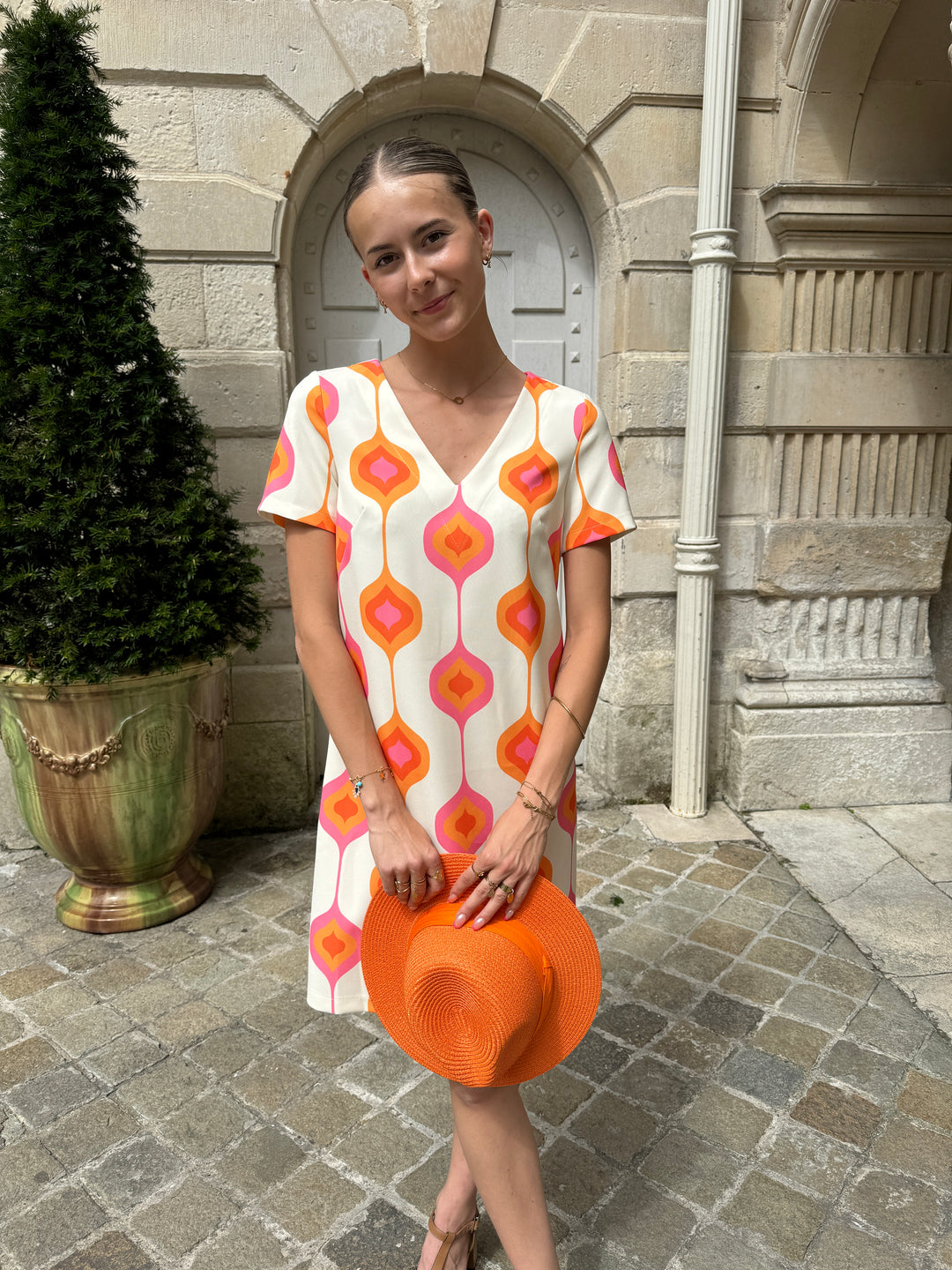 Robe SEVENTIES n°113 rose et orange Hippocampe