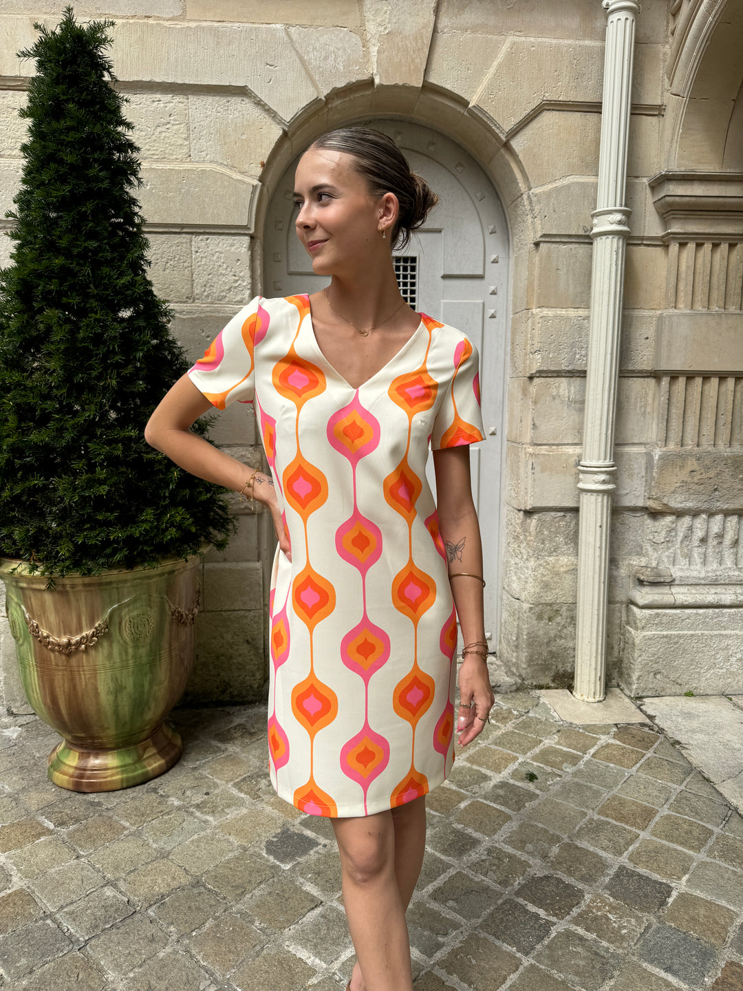 Vestido SEVENTIES n°113 rosa y naranja Hippocampe