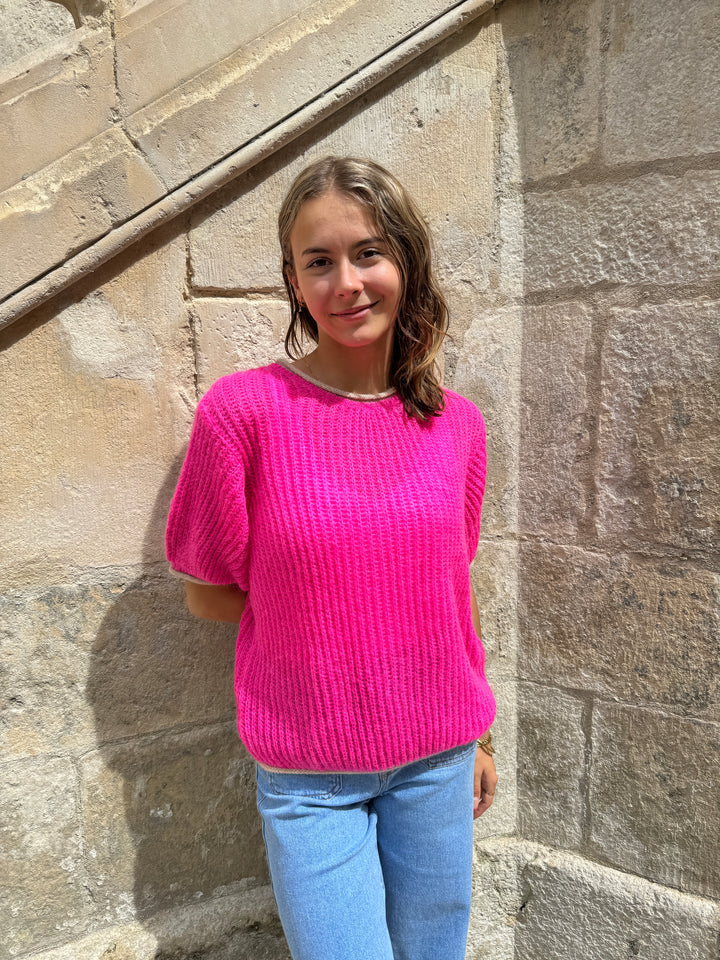 Top en maille fuchsia et blanc ALBANE