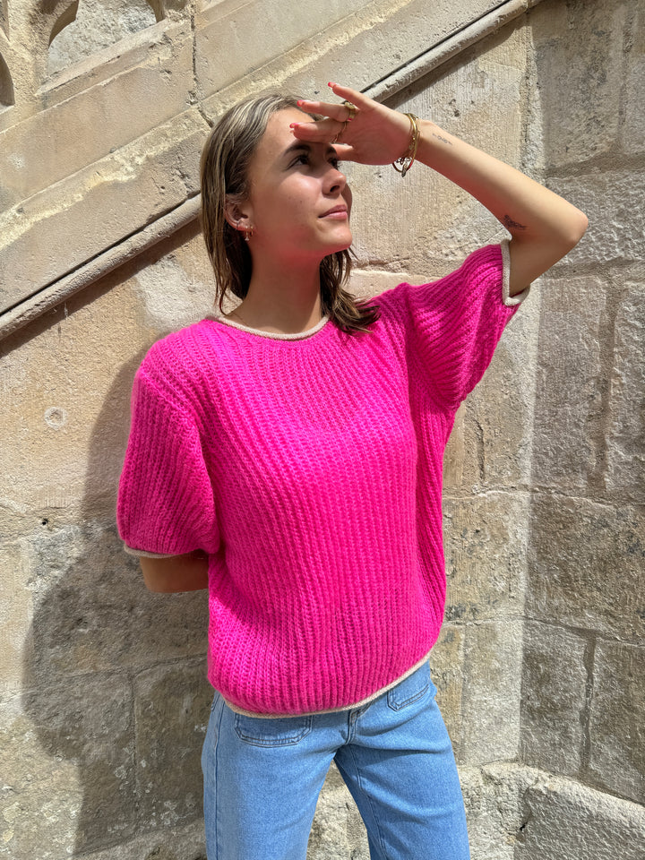 Top en maille fuchsia et blanc ALBANE