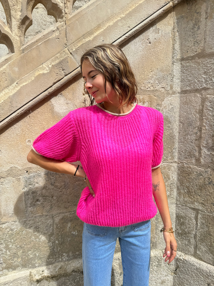 Top en maille fuchsia et blanc ALBANE