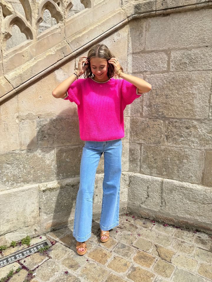 Top en maille fuchsia et blanc ALBANE