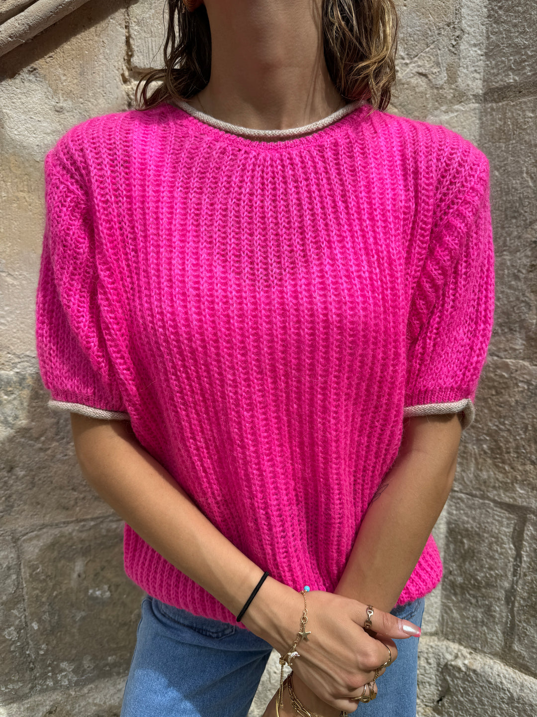 Top en maille fuchsia et blanc ALBANE