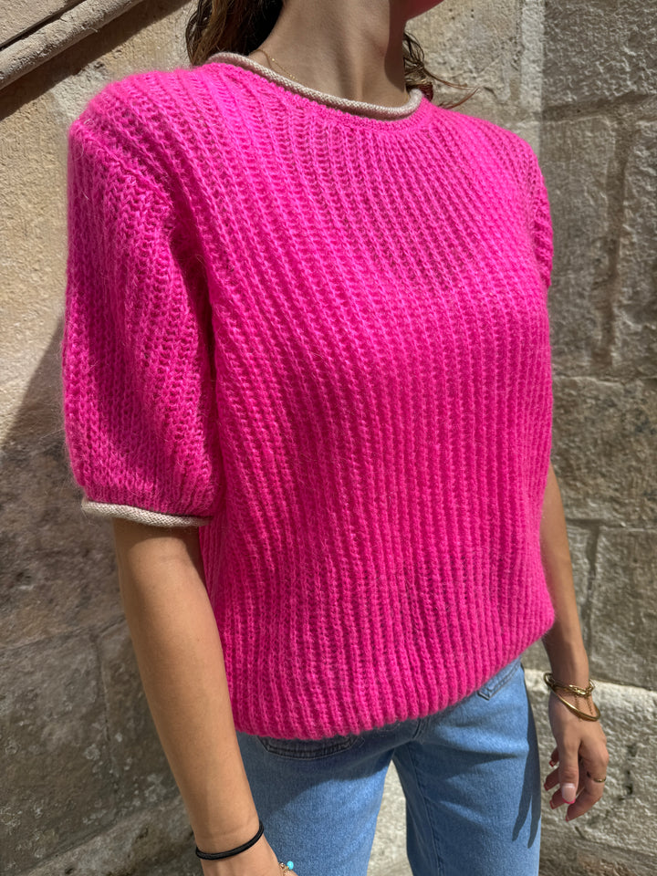 ALBANE top de punto fucsia y blanco