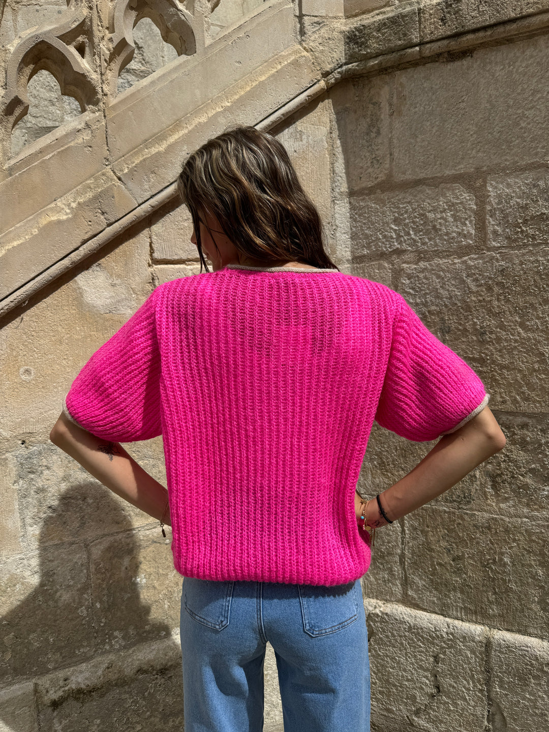 Top en maille fuchsia et blanc ALBANE