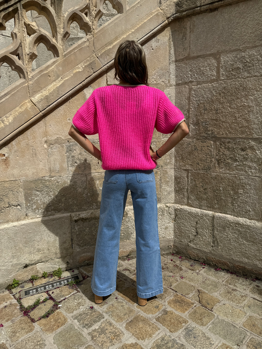 Top en maille fuchsia et blanc ALBANE