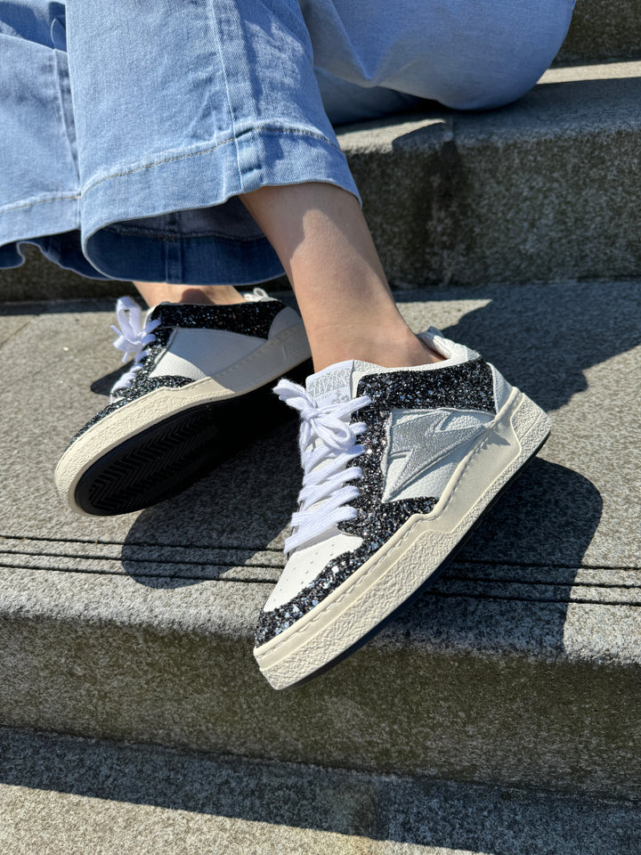 Basket en cuir blanche à paillettes noirs éclair argenté CHITA A476