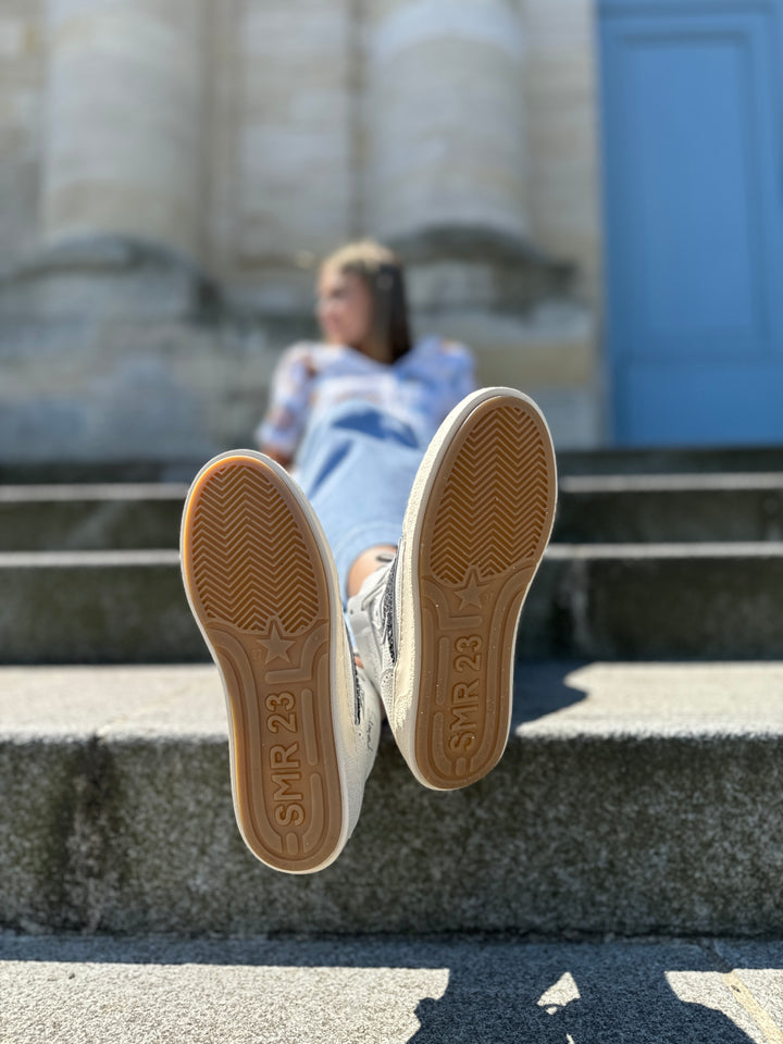 Baskets en cuir blanche montantes avec éclair à paillettes noir BRAGA A570