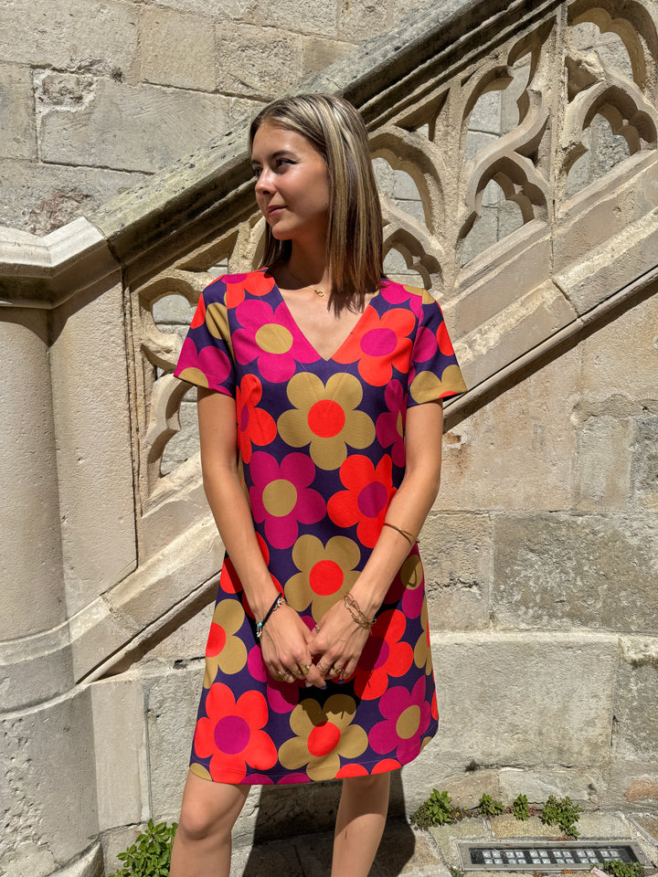 Vestido escote pico MARGUERITES SEVENTIES fucsia y caqui Hippocampe