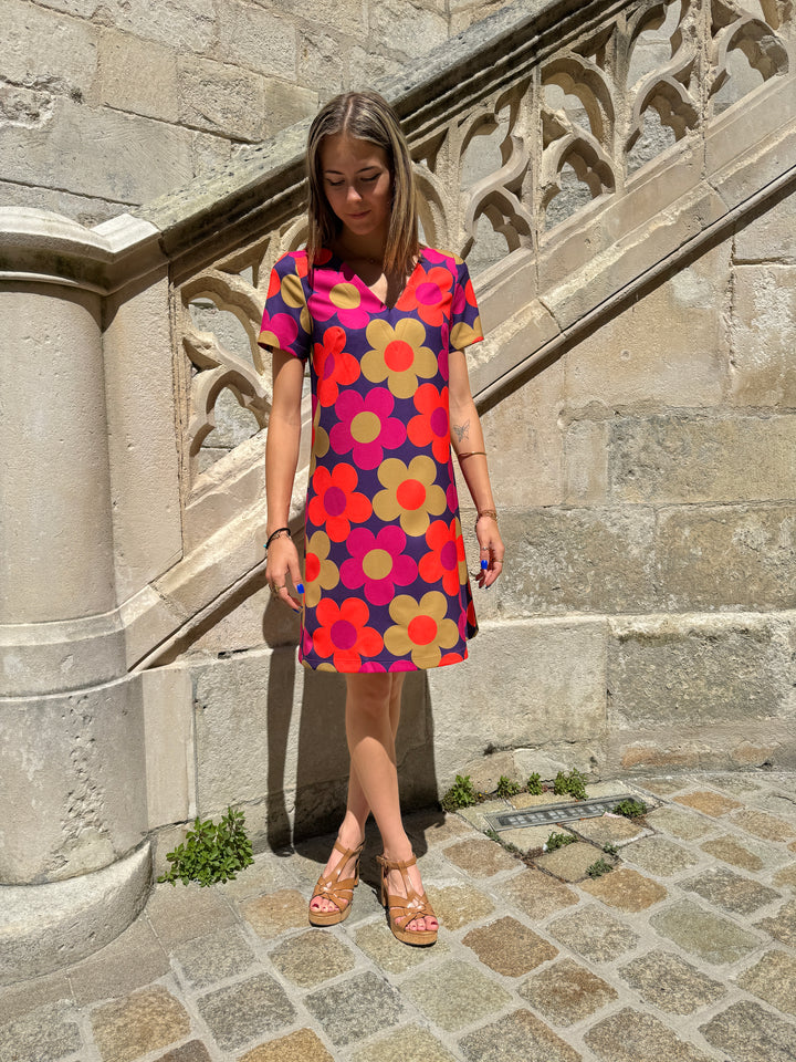 Vestido escote pico MARGUERITES SEVENTIES fucsia y caqui Hippocampe