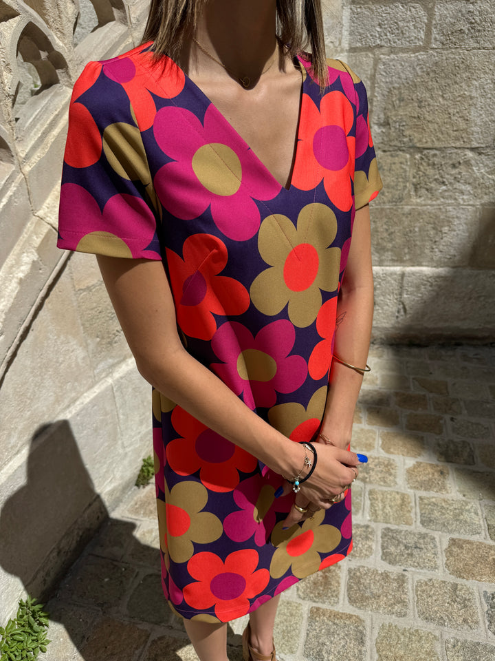 Robe col V MARGUERITES SEVENTIES fuchsia et kaki Hippocampe