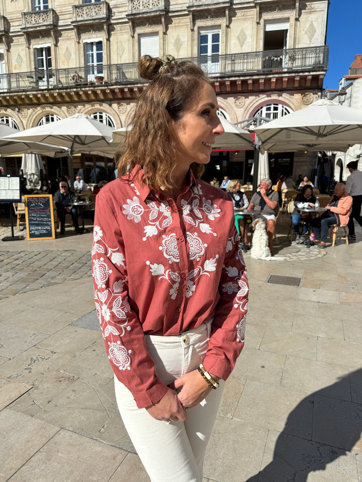 Camisa terracota con bordado blanco AMELIE