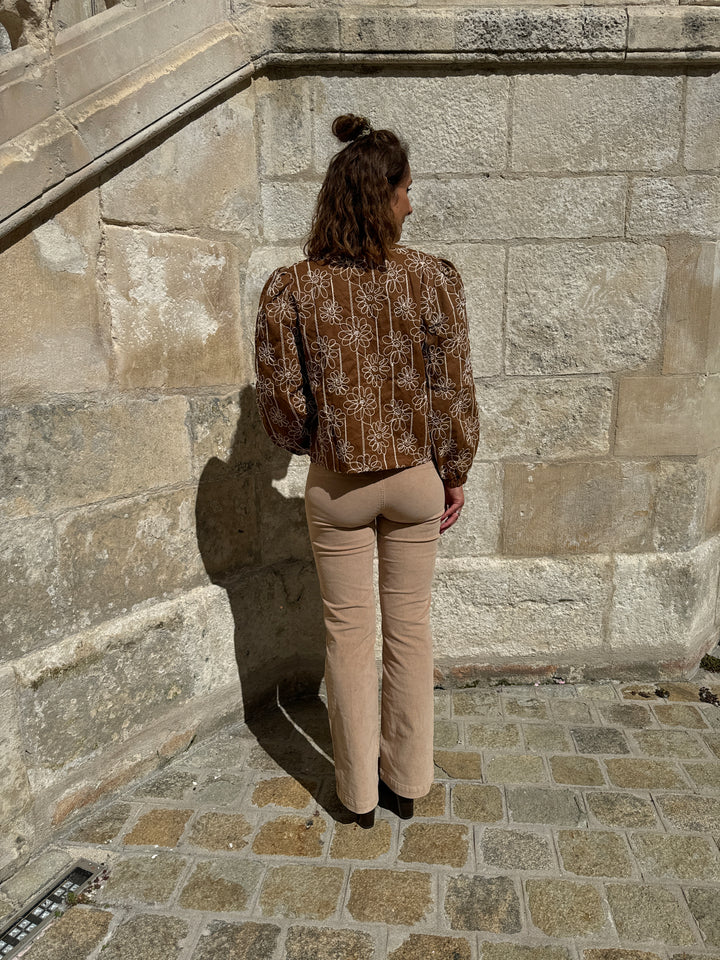 Veste camel broderies florales écru LYANA