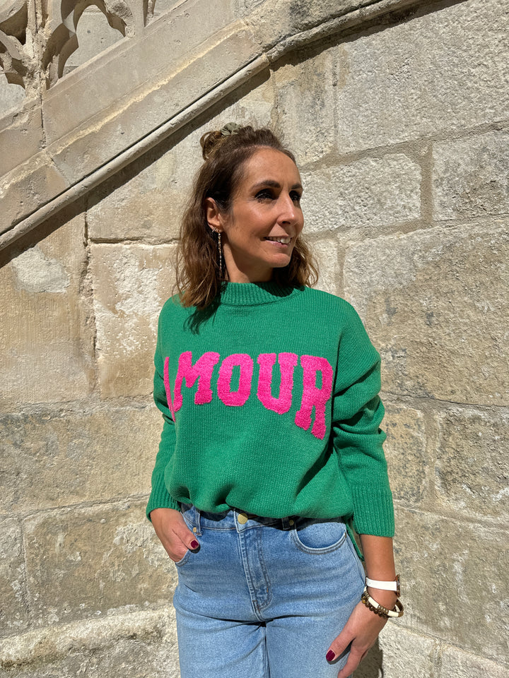 Pull en maille vert AMOUR fuchsia