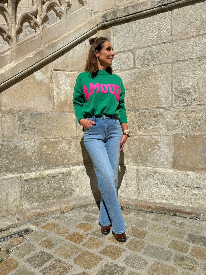 Pull en maille vert AMOUR fuchsia