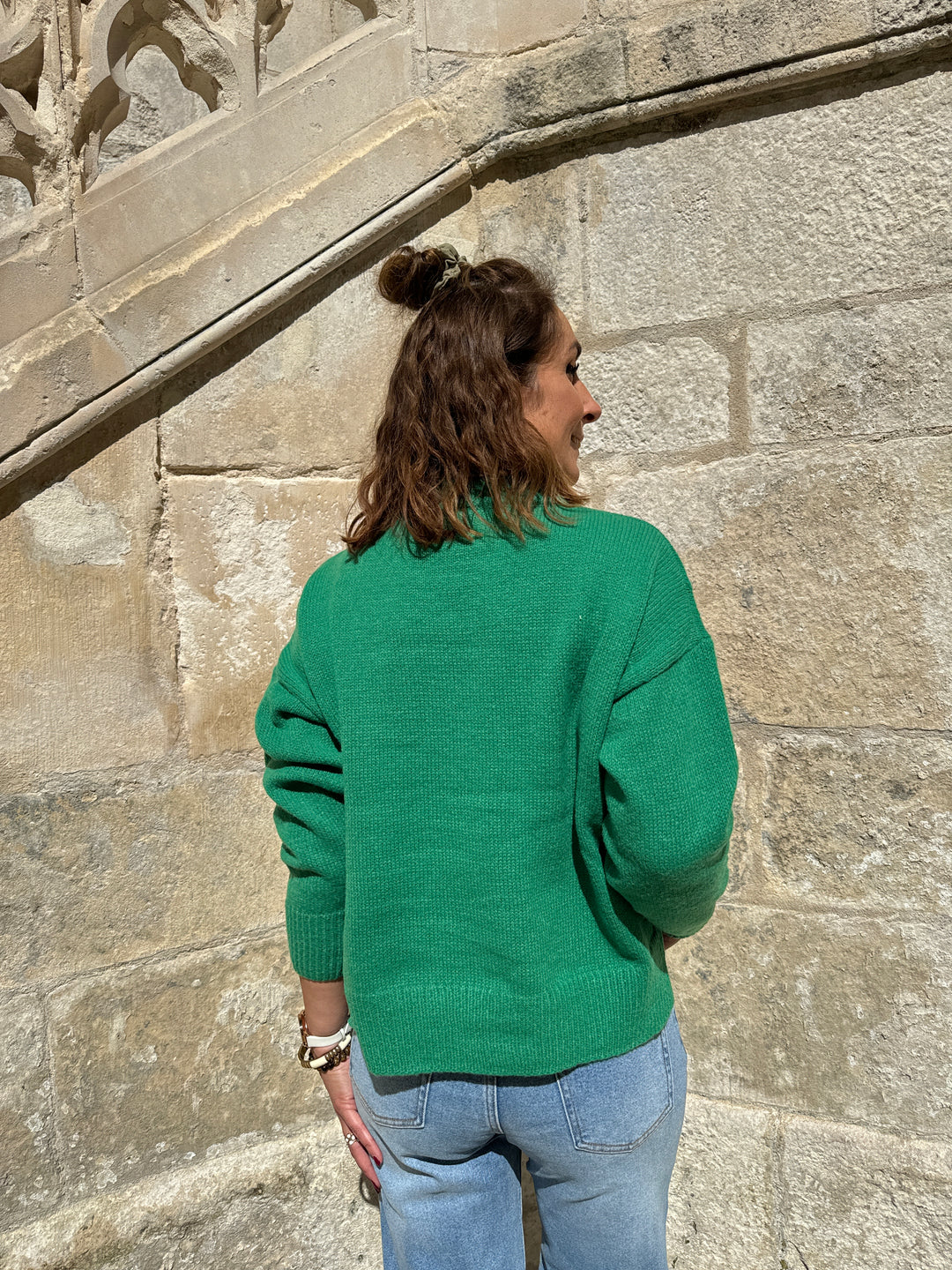 Pull en maille vert AMOUR fuchsia