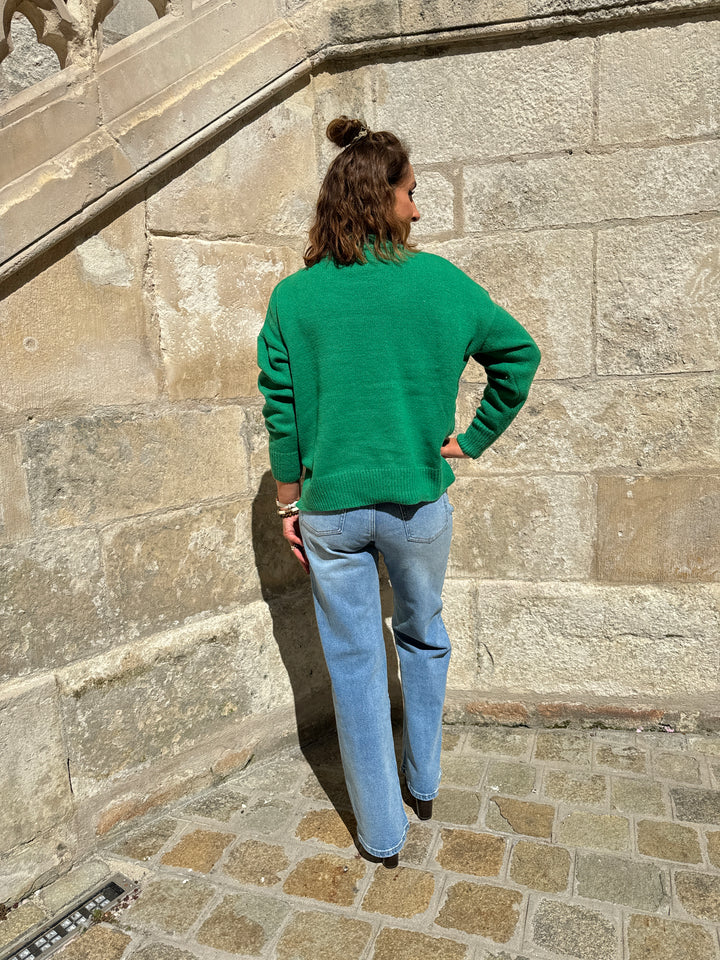 Pull en maille vert AMOUR fuchsia