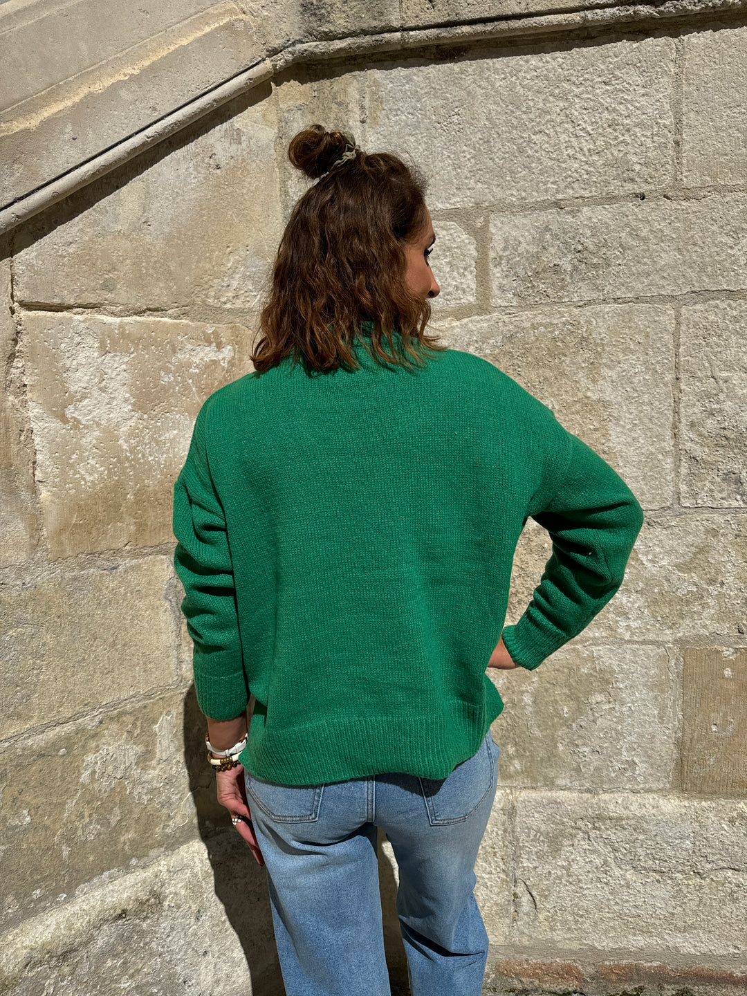 Pull en maille vert AMOUR fuchsia