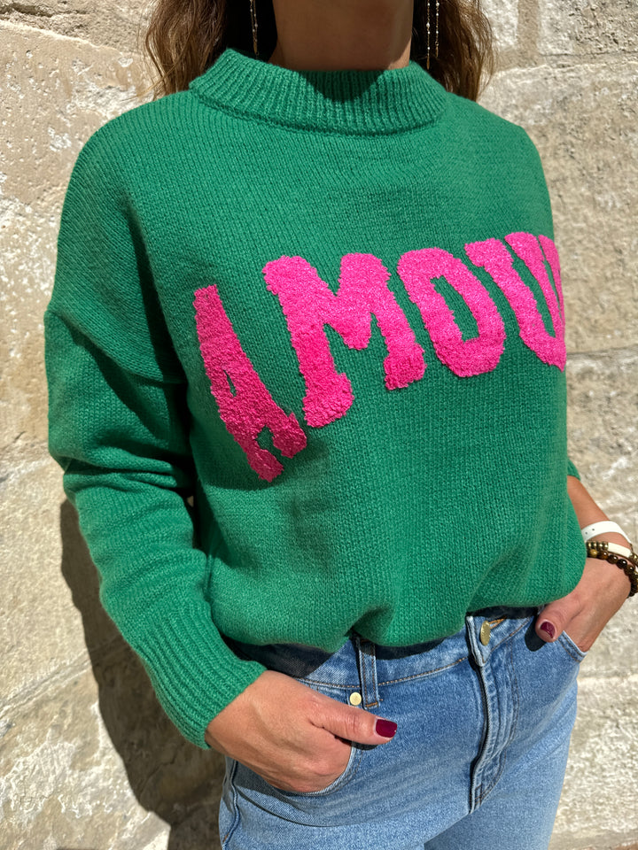 Pull en maille vert AMOUR fuchsia