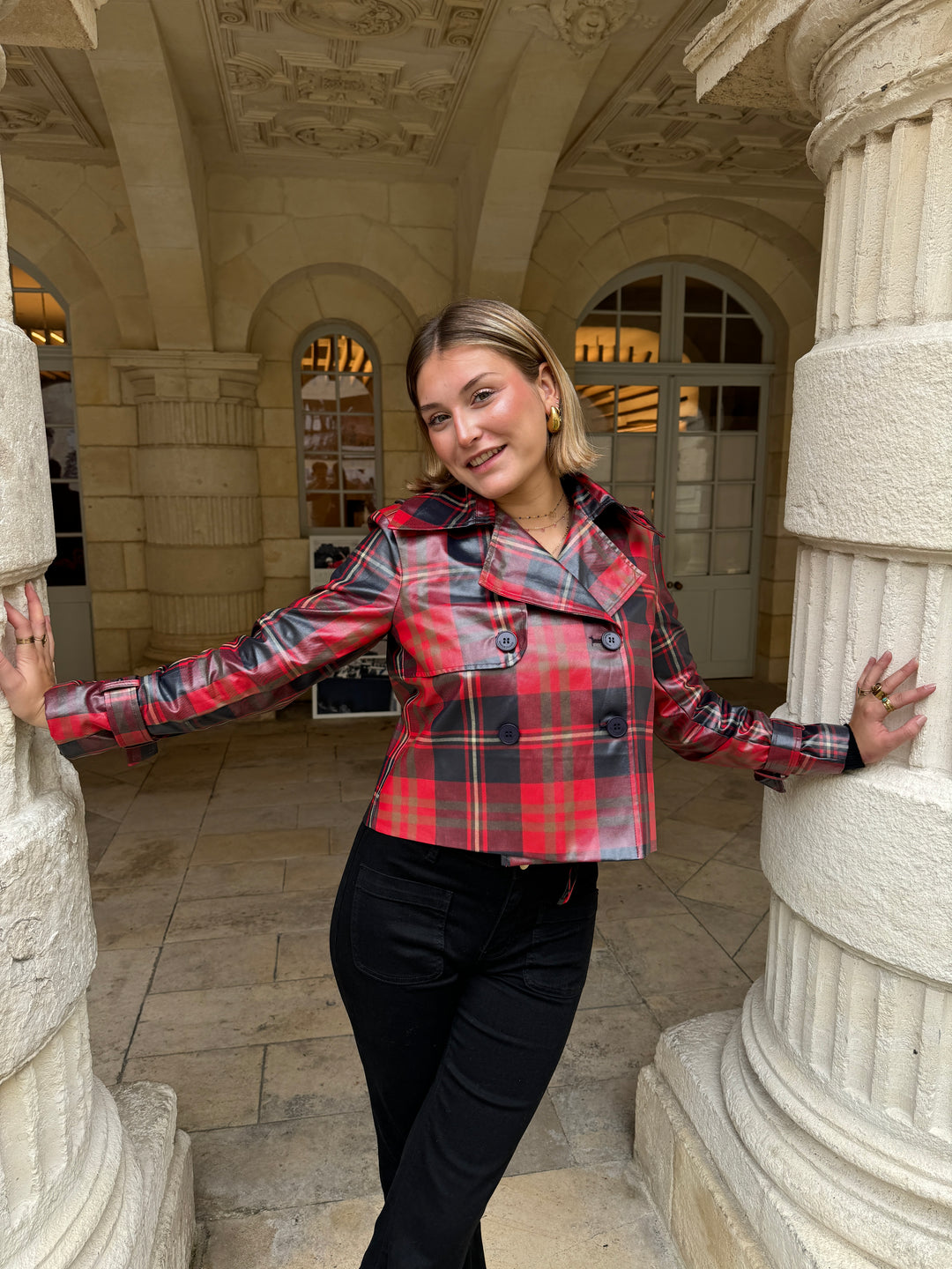 Veste croisée imprimé écossais PRINCESSE DE GALLES rouge Hippocampe