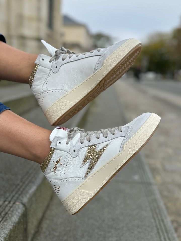 Weiße High-Top-Sneakers aus Leder mit goldenem Glitzer-Blitz BRAGA B690 Semerdjian